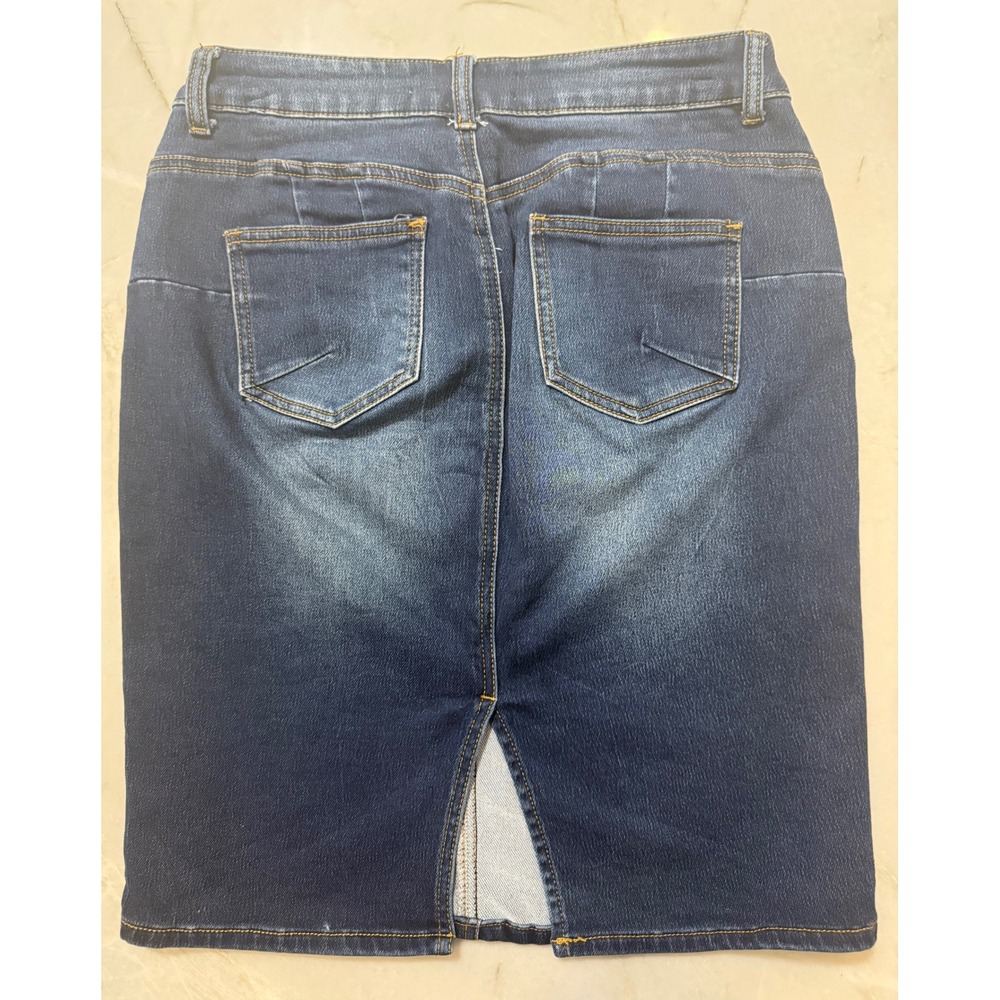 Angel Kiss Los Angeles Dark Wash‎ Denim Pencil Skirt Size M Whiskered Stretch - Picture 9 of 10